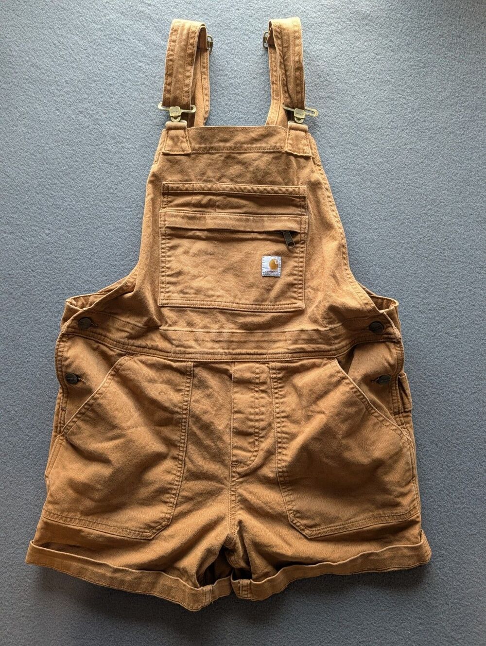 Carhartt Women's Relaxed Fit Short Overalls Brown Duck Canvas Bib Shorts M 8-10